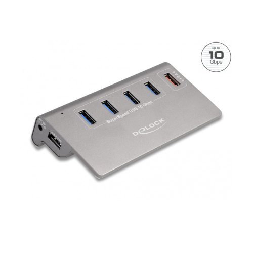 Delock USB 10 Gbps Hub 4 A-típusú USB porttal + 1 gyorstöltő porttal beleértve a tápellátást (64182)