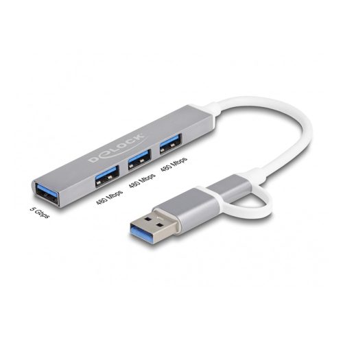 Delock 4 portos vékony USB Hub USB Type-C  vagy USB A-típusú - 3 x USB 2.0 Type-A csatlakozóhüvely + 1 x USB 5 Gbps Type-A csatlakozóhüvely