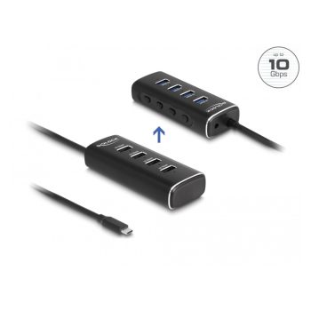   Delock 4 portos USB 10 Gbps hub USB Type-C , 60 cm hosszú kábellel és az egyes portokhoz tartozó kapcsolóval (64233)