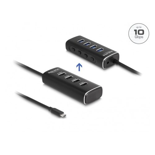 Delock 4 portos USB 10 Gbps hub USB Type-C , 60 cm hosszú kábellel és az egyes portokhoz tartozó kapcsolóval (64233)