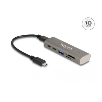   Delock 3 portos USB 10 Gbps hub beépített SD és Micro SD kártyaolvasóval, valamint USB Type-C  csatlakoztatóval (64236)