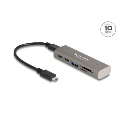 Delock 3 portos USB 10 Gbps hub beépített SD és Micro SD kártyaolvasóval, valamint USB Type-C  csatlakoztatóval (64236)