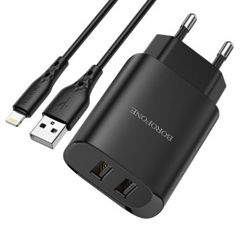   BOROFONE BN2 SUPER FALI TÖLTŐ - 2XUSB - 2.1A USB-LIGHTNING KÁBELLEL, Fekete