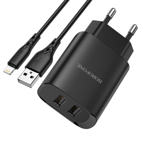 BOROFONE BN2 SUPER FALI TÖLTŐ - 2XUSB - 2.1A USB-LIGHTNING KÁBELLEL, Fekete