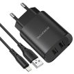 BOROFONE BN2 SUPER FALI TÖLTŐ - 2XUSB - 2.1A USB-LIGHTNING KÁBELLEL, Fekete