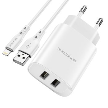   BOROFONE BN2 SUPER FALI TÖLTŐ - 2XUSB - 2.1A USB-LIGHTNING KÁBELLEL, FEHÉR