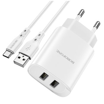   BOROFONE BN2 SUPER FALI TÖLTŐ - 2XUSB - 2.1A USB-C TÍPUSÚ KÁBELLEL, FEHÉR