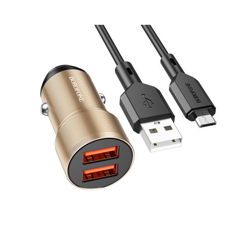 BOROFONE BZ19 WISDOM AUTÓS TÖLTŐ - 2XUSB - 12W USB-MICRO USB KÁBELLEL, ARANY