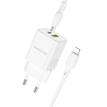   BOROFONE BN14 ROYAL GAN FALI TÖLTŐ - USB + TYPE C - QC 3.0 PD 30W, TYPE C-LIGHTNING KÁBEL FEHÉR