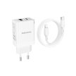 BOROFONE BN16 STRAPABÍRÓ FALI TÖLTŐ - USB + C TÍPUS - PD 45W 3A, C TÍPUSTÓL LIGHTNING KÁBELIG FEHÉR