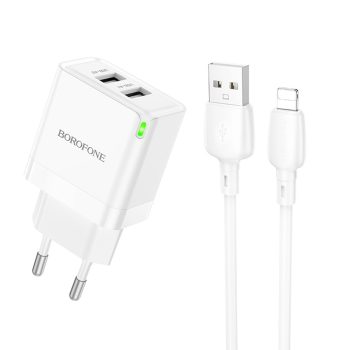   BOROFONE BN15 HÁLÓZATI TÖLTŐ - 2XUSB - 2.1A USB-LIGHTNING KÁBELLEL FEHÉR
