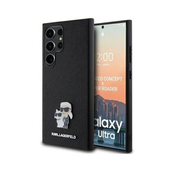   Eredeti KARL LAGERFELD tok kemény tok Saffiano Karl & Choupette Metal Pin KLHCS24LPSAKCMPK Samsung Galaxy S24 Ultra Fekete