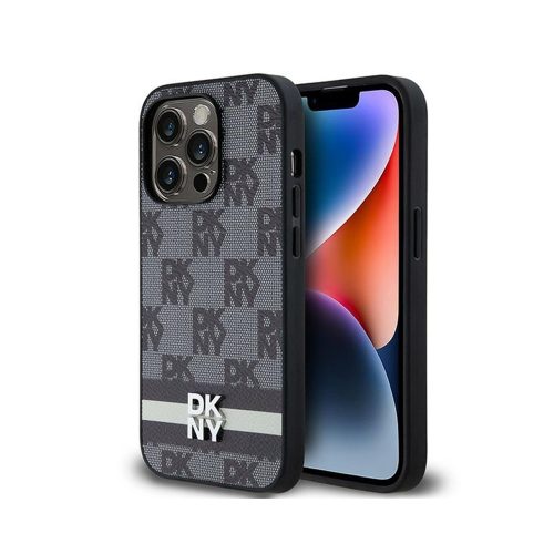 Eredeti DKNY keménytokos bőr kockás monomintás és nyomott csíkos DKHCP14LPCPTSSK tok Iphone 14 Pro Fekete